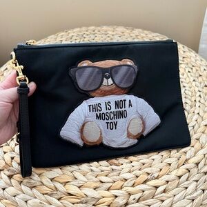 MOSCHINO black canvas Teddy clutch handbag